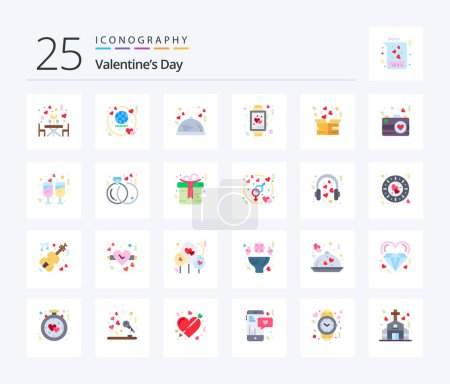 Téléchargez les illustrations : Valentines Day 25 Pack icône couleur plate y compris mariage. le temps. le dîner. amour. romantique - en licence libre de droit