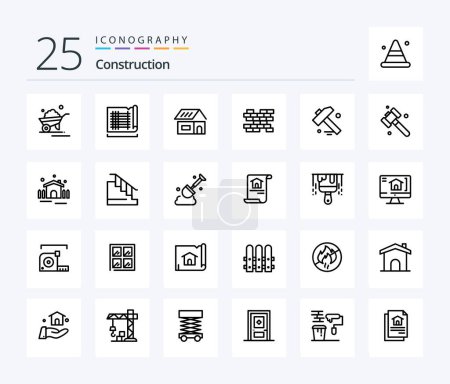 Ilustración de Construction 25 Line icon pack including hammer. wall. map. bricks. home - Imagen libre de derechos
