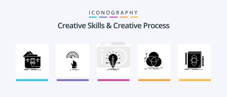 Téléchargez les illustrations : Creative Skills And Creative Process Glyph 5 Icon Pack Including alignment. balance. digital. pencil. solution. Creative Icons Design - en licence libre de droit