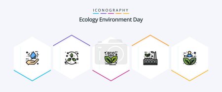 Téléchargez les illustrations : Ecology 25 FilledLine icon pack including factory. doodle. recycle. leaf. green - en licence libre de droit