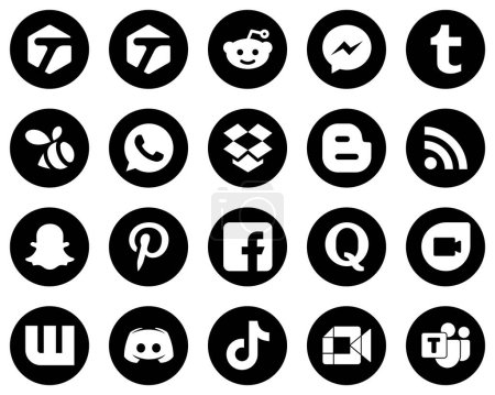 Téléchargez les illustrations : 20 Premium Icônes de médias sociaux blancs sur fond noir tels que facebook. dropbox. icônes pinterest et feed. Elégant et unique - en licence libre de droit