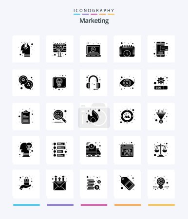 Illustration for Creative Marketing 25 Glyph Solid Black icon pack  Such As watch. events. sign board. calendar. play - Royalty Free Image