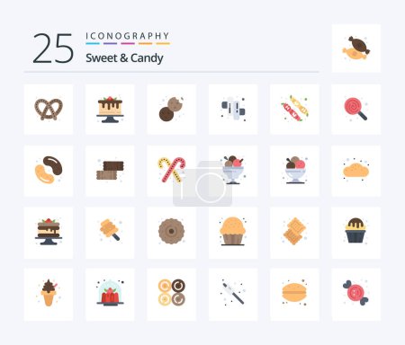 Téléchargez les illustrations : Pack d'icônes Sweet And Candy 25 Flat Color comprenant une sucette. dessert. Cuire. guimauve. camping - en licence libre de droit