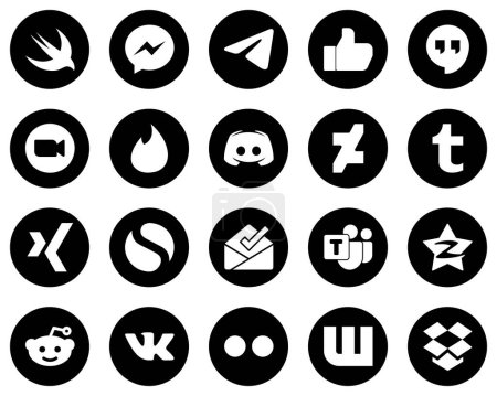Ilustración de 20 Innovative White Social Media Icons on Black Background such as text. discord. facebook. tinder and meeting icons. Professional and high-definition - Imagen libre de derechos