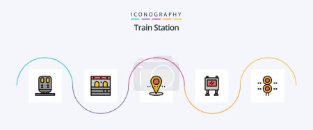 Ilustración de Línea de estación de tren Lleno Flat 5 Icon Pack Incluyendo tren. estación. pin. Firma. valla publicitaria - Imagen libre de derechos