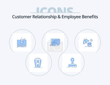 Téléchargez les illustrations : Customer Relationship And Employee Benefits Blue Icon Pack 5 Icon Design. backpack. write. money. message. chat - en licence libre de droit