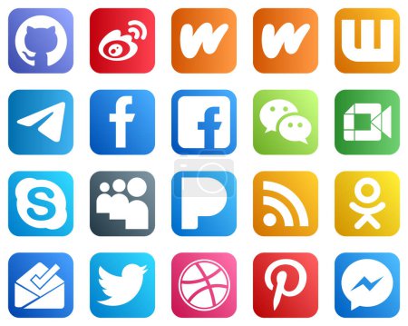 Illustration for 20 Unique Social Media Icons such as video. messenger. telegram. wechat and fb icons. Creative and high resolution - Royalty Free Image
