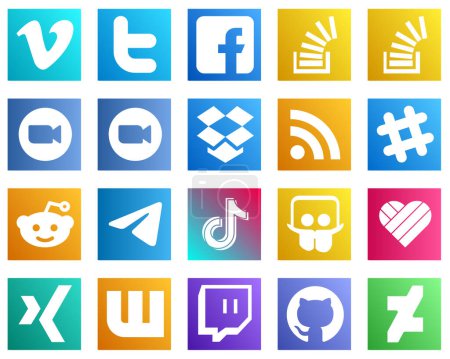Téléchargez les illustrations : 20 Icônes professionnelles de médias sociaux telles que le flux. dropbox. icônes question et vidéo. Minimaliste et professionnel - en licence libre de droit