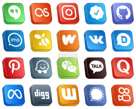 Illustration for 20 Isometric 3D Social Media Icons for Popular Brands such as waze. disqus. audio. vk and wattpad icons. Eye-catching and editable - Royalty Free Image