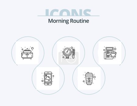 Illustration for Morning Routine Line Icon Pack 5 Icon Design. world wide. television. fry. news. morning - Royalty Free Image