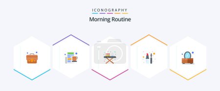Téléchargez les illustrations : Morning Routine 25 Flat icon pack including mirror. bedroom. ironing board. mascara. eye - en licence libre de droit