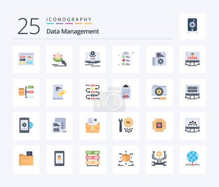 Téléchargez les illustrations : Data Management 25 Flat Color icon pack including document. shopping. cam. document. video - en licence libre de droit