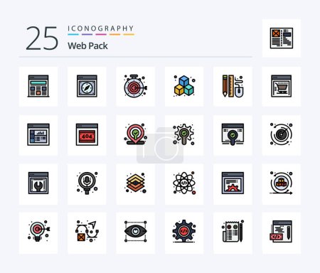 Téléchargez les illustrations : Pack Web 25 Line Pack d'icônes rempli avec stylo. dessin. chronomètre. cube. d - en licence libre de droit