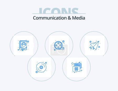 Illustration for Communication And Media Blue Icon Pack 5 Icon Design. paper plane. mail. address. video. movie - Royalty Free Image