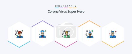 Illustration for Corona Virus Super Hero 25 FilledLine icon pack including stethoscope. doctor. male avatar. health care. male - Royalty Free Image