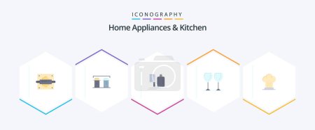 Téléchargez les illustrations : Home Appliances And Kitchen 25 Flat icon pack including cap. drink. chopper. glasses. food - en licence libre de droit