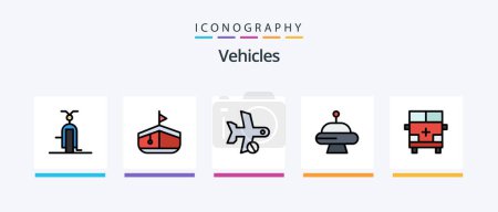 Ilustración de La línea de vehículos llenó el paquete de 5 iconos incluyendo la toma. Fuera. vehículos. vuelo. transporte. Diseño de iconos creativos - Imagen libre de derechos