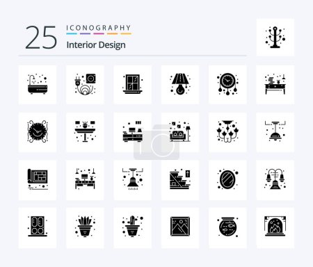 Téléchargez les illustrations : Interior Design 25 Solid Glyph icon pack including book. watch. window. time. table - en licence libre de droit