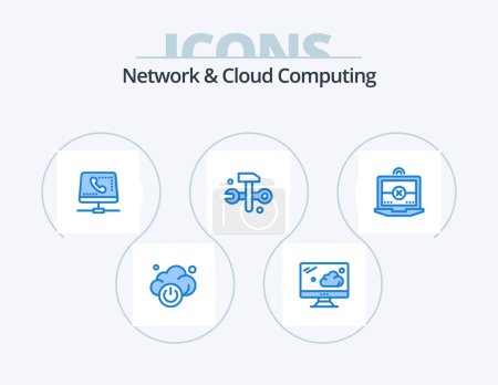 Téléchargez les illustrations : Network And Cloud Computing Blue Icon Pack 5 Icon Design. cross. laptop. help. it solutions. databases - en licence libre de droit
