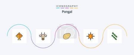 Téléchargez les illustrations : Pongal Line rempli plat pack de 5 icônes y compris. Bâton. Patate. Du bambou. jour - en licence libre de droit