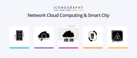 Téléchargez les illustrations : Cloud Computing réseau et Smart City Glyph 5 Icon Pack Y compris les déchets. données. technologie. internet. réseau. Icônes créatives Design - en licence libre de droit