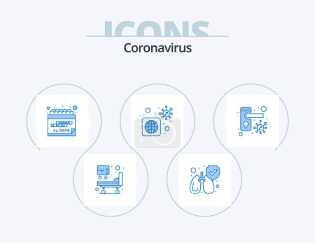 Téléchargez les illustrations : Coronavirus Blue Icon Pack 5 Icon Design. verrouillé. infecté. date. virus. dans le monde - en licence libre de droit