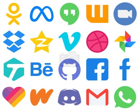 Ilustración de 20 Estilo vectorial Flat Social Media Iconos etiquetados. dribbble y los iconos de vídeo. Colección de iconos de gradiente - Imagen libre de derechos
