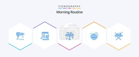 Illustration for Morning Routine 25 Blue icon pack including oats. cereals. ok. bowl. glass - Royalty Free Image