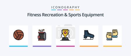 Téléchargez les illustrations : Pack de 5 icônes rempli par ligne d'équipement de loisirs et de sport de fitness, y compris le sport. gants. rugby. Un gant. casque. Icônes créatives Design - en licence libre de droit