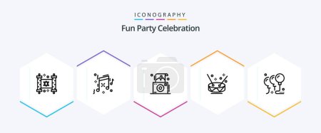 Téléchargez les illustrations : Pack d'icônes Party 25 Line avec célébration. Des ballons. photo. fête. instruments - en licence libre de droit