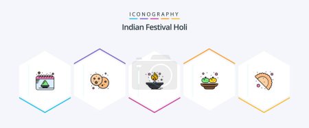Téléchargez les illustrations : Pack icône Holi 25 FilledLine comprenant de la nourriture. Inde. lumière. fête. lampe à huile - en licence libre de droit