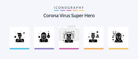 Ilustración de Corona Virus Super Hero Glyph 5 Icon Pack Incluyendo chica. farmacia. apoyo médico. farmacéutico. salud. Diseño de iconos creativos - Imagen libre de derechos