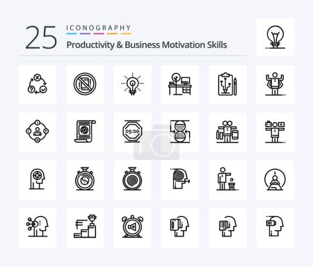 Ilustración de Habilidades de productividad y motivación empresarial Paquete de iconos de 25 líneas, incluida la oficina. comodidad. Fuera. inspirador. idea - Imagen libre de derechos
