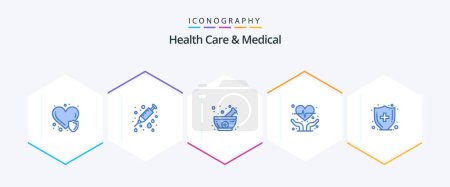 Illustration for Health Care And Medical 25 Blue icon pack including medical insurance. health insurance. bowl. heart health. cardiogram - Royalty Free Image