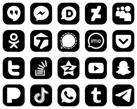 Illustration for 20 Innovative White Social Media Icons on Black Background such as twitter. tagged. video and imo icons. Unique and high-definition - Royalty Free Image