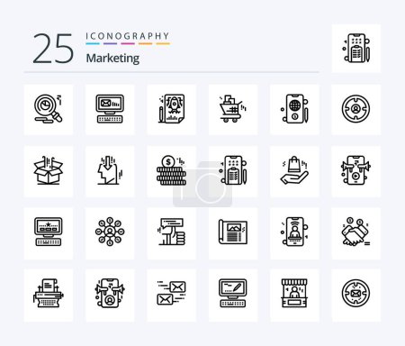 Illustration for Marketing 25 Line icon pack including dollar. mobile. pencle. shopping. marketing - Royalty Free Image