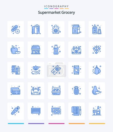 Téléchargez les illustrations : Creative Grocery 25 Blue icon pack  Such As fruit. apple. purse. water bottle. bottle - en licence libre de droit