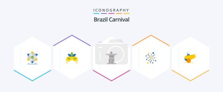 Illustration for Brazil Carnival 25 Flat icon pack including monument. jesus. costume. celebration. brazilian - Royalty Free Image