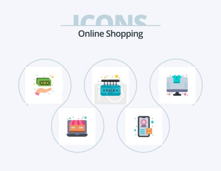 Illustration for Online Shopping Flat Icon Pack 5 Icon Design. tshirt. shopping. holding. online. sign - Royalty Free Image