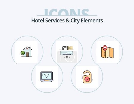 Téléchargez les illustrations : Hotel Services And City Elements Line Filled Icon Pack 5 Icon Design. house. building. luggage. hotel. towel - en licence libre de droit