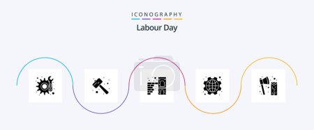 Ilustración de Labour Day Glyph 5 Icon Pack Including axe. labor. home. gear. international - Imagen libre de derechos