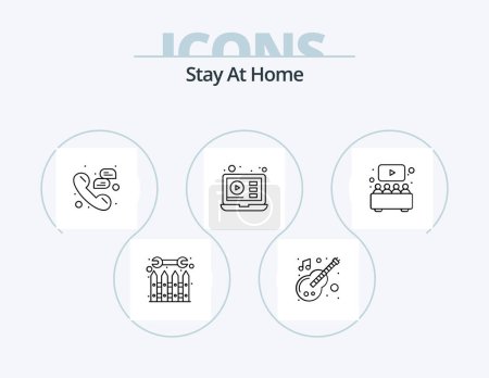 Téléchargez les illustrations : Stay At Home Line Icon Pack 5 Icon Design. video. laptop. messages. education. television - en licence libre de droit