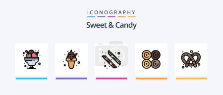 Téléchargez les illustrations : Doux et bonbons ligne rempli pack de 5 icônes, y compris le dessert. guimauve. gelée été. Des bonbons. Des bonbons. Icônes créatives Design - en licence libre de droit