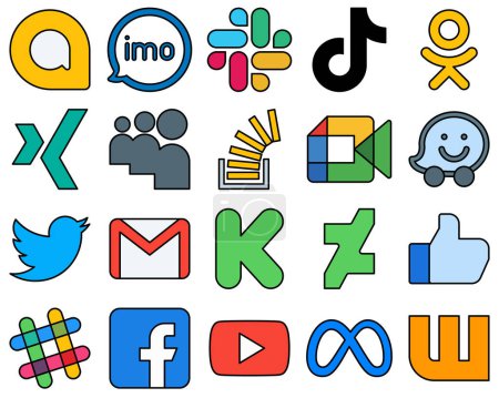 Téléchargez les illustrations : 20 Fully Editable Line Filled Social Media Icons such as overflow. question. video. stockoverflow and xing Fully Editable and Customizable - en licence libre de droit