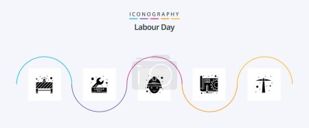 Téléchargez les illustrations : Labour Day Glyph 5 Icon Pack Including hoe. gear. wrench. pen. blue print - en licence libre de droit