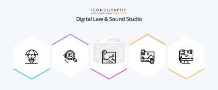 Ilustración de Paquete de iconos de Digital Law And Sound Studio 25 Line con imagen incluida. distribución. propietario. contibución. derechos de autor - Imagen libre de derechos