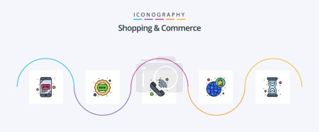 Téléchargez les illustrations : Shopping And Commerce Line Filled Flat 5 Icon Pack Including hour. bag. contact us. shopping. ecommerce - en licence libre de droit