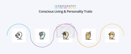 Téléchargez les illustrations : Concious Living And Personality Traits ligne rempli plat pack de 5 icônes, y compris humain. émotionnel. l'information. l'esprit. intérieur - en licence libre de droit