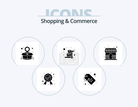 Téléchargez les illustrations : Shopping And Commerce Glyph Icon Pack 5 Icon Design. outlet. pushcart. package map. luggage trolley. handcart - en licence libre de droit
