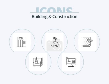 Téléchargez les illustrations : Building And Construction Line Icon Pack 5 Icon Design. paper. blue print. factory. architecture. construction - en licence libre de droit